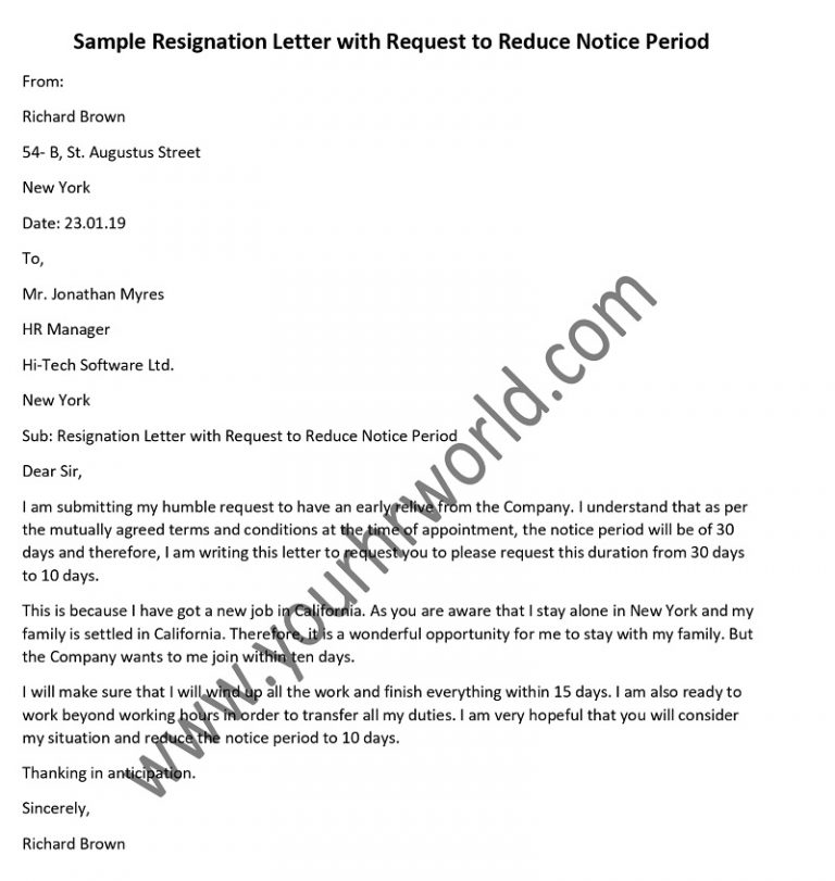 Sample Resignation Letter with Request to Reduce Notice Period  HR
