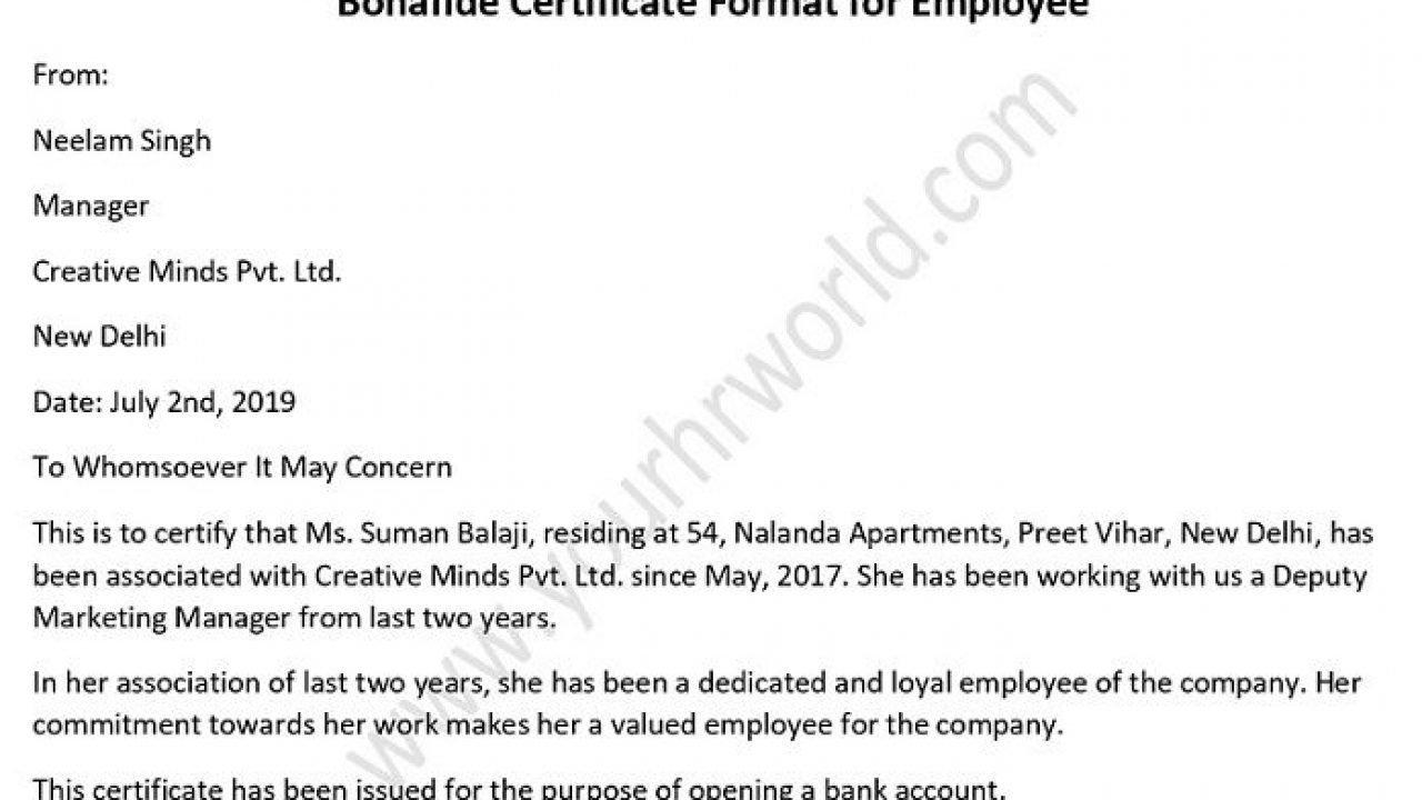 Bonafide Certificate Format for Employee – Employment Certificates DOC