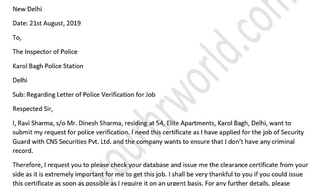 Letter Format to Get Police Verification Certificate for Job in India