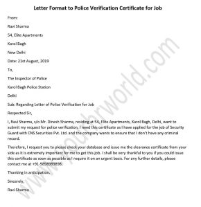Letter Format to Get Police Verification Certificate for Job in India