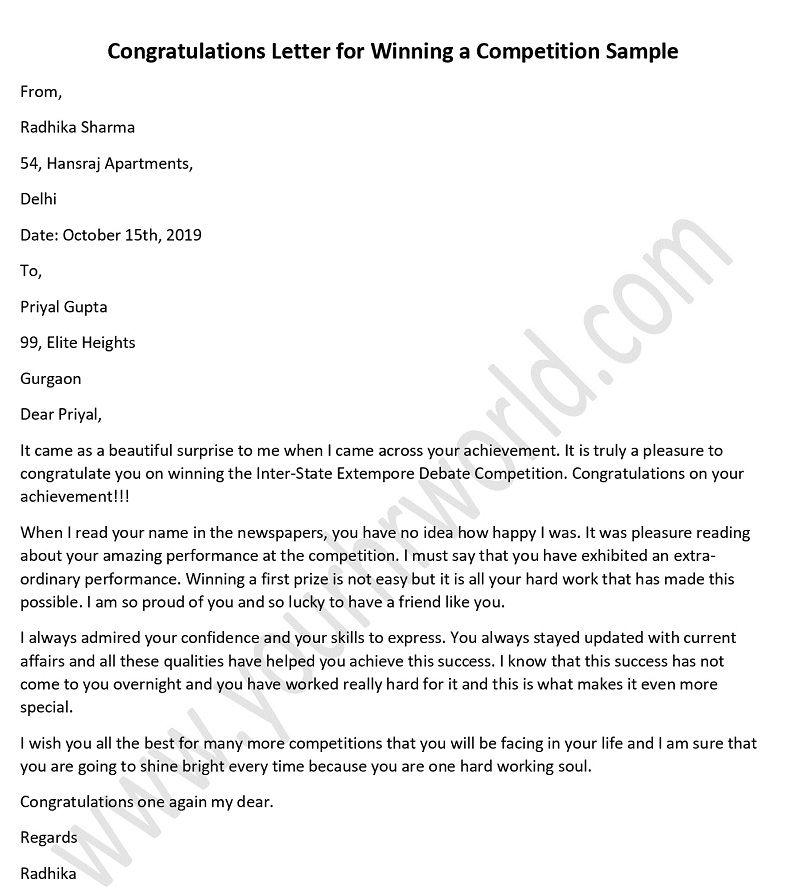 Congratulations Letter For Winning A Competition In English